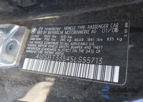 2005 BMW Z4 2.5I z USA, uszkodzony, nr VIN 4USBT33545LS55713